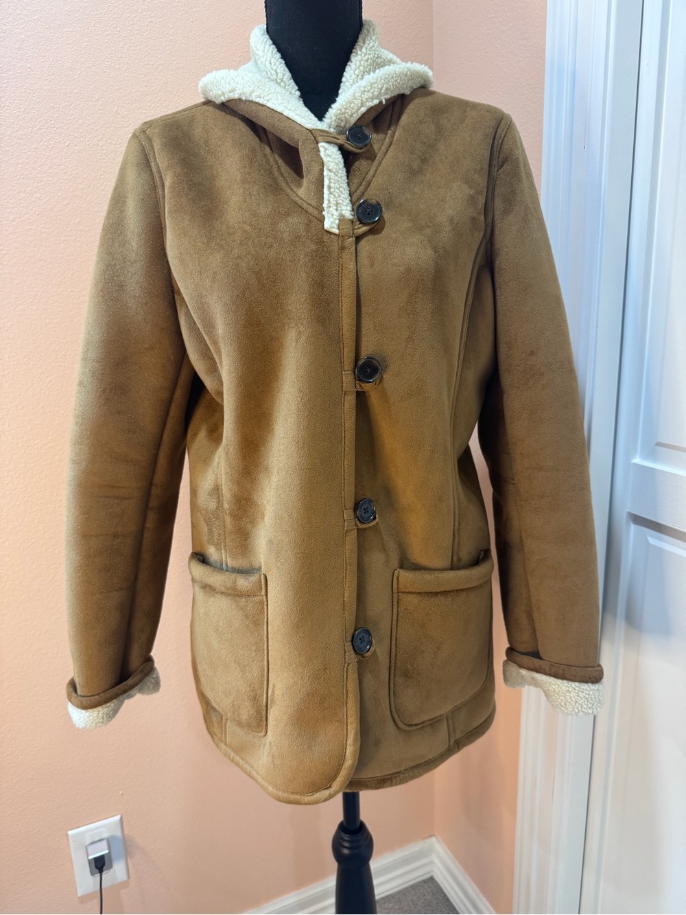Lands' End Cream Sherpa Jacket Faux Suede Brown mid length coat Medium